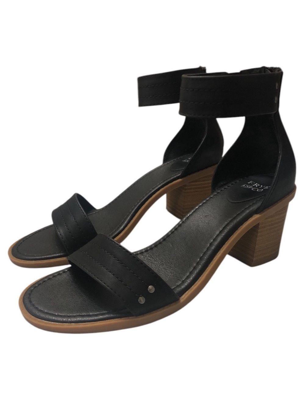 FRYE & CO 11 ZAKI Black Studded Ankle Strap Back Zip Stacked Block Heel Sandals